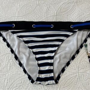 NWT‎ $58 Eco Swim Bikini Swim Bottom Sz 14 Stretch White Black Blue Stripe